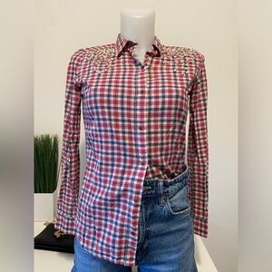 Zara plaid with pearl button shirt.